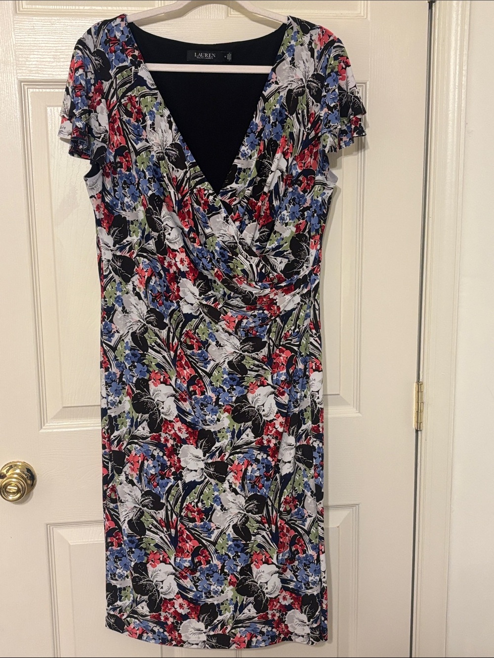 Lauren Ralph Lauren Floral Faux-Wrap Stretch Midi Dress in Black, Red & Blue 14